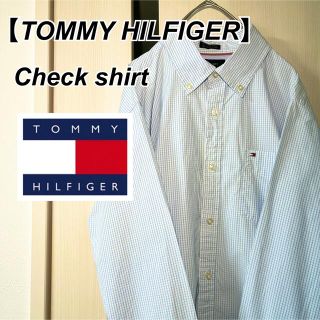 トミーヒルフィガー(TOMMY HILFIGER)のトミーフィルガー　ワンポイント刺繍ロゴ　青白チェックシャツ　長袖　M 　古着(シャツ)