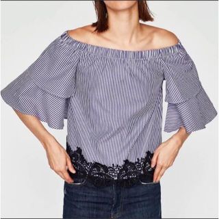 ザラ(ZARA)の未使用タグ付　ZARA トップス　レースヘム ストライプ オフショル(カットソー(長袖/七分))