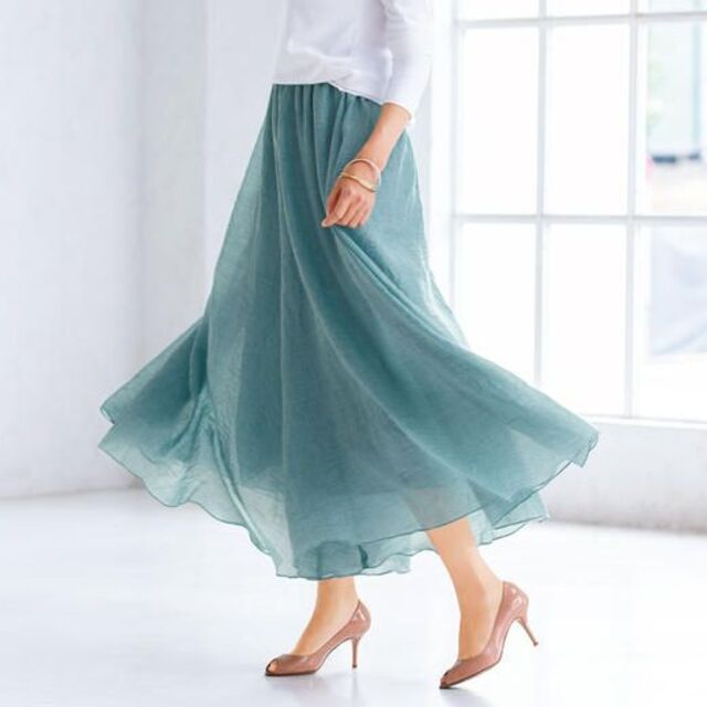 春夏物セール中　スカーチョ　杢グリーン　Lサイズ レディースのスカート(ロングスカート)の商品写真