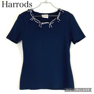 ハロッズ(Harrods)の【美品】ハロッズ ニット半袖 紺色 リボン装飾(ニット/セーター)