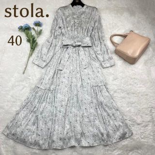 ストラ(Stola.)の✨極美品✨ストラ　線画花柄プリントワンピース　リボン　総柄　L 40(ロングワンピース/マキシワンピース)