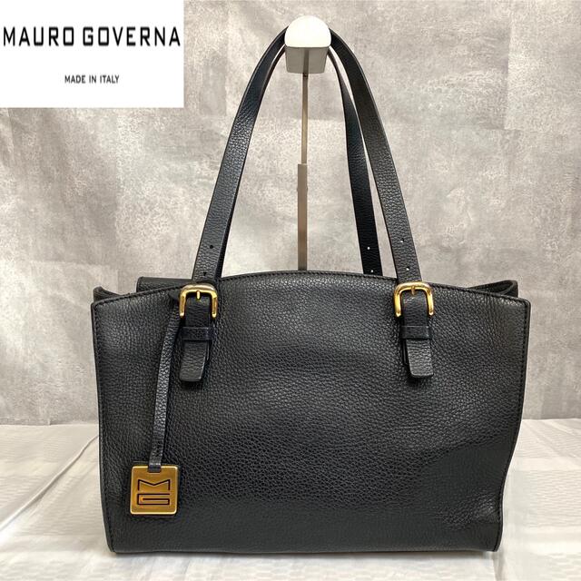 MAURO GOVERNA】ダークネイビー ゴールド金具 レザー トートバッグ