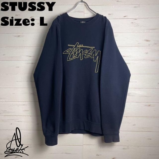 《激レア》ステューシー STUSSY☆スウェット L 刺繍ロゴ ベロア ネイビー