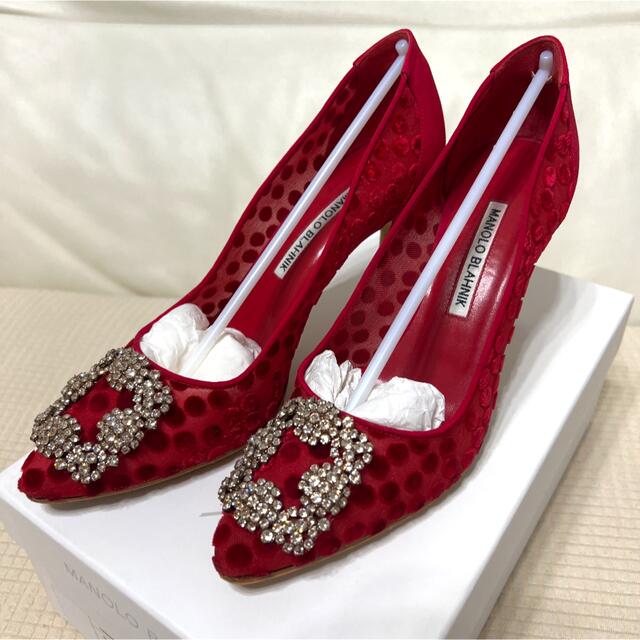 美品　マノロ　ハンギシ manolo パンプス　絹　レーヨン　ベルベッド  赤