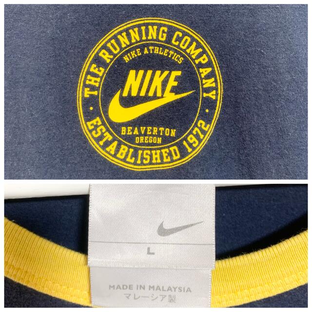 NIKE(ナイキ)のNIKE リンガーTシャツ メンズ L 紺 黄色 古着 00s ロゴ メンズのトップス(Tシャツ/カットソー(半袖/袖なし))の商品写真