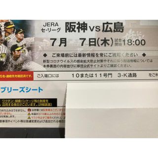 ハンシンタイガース(阪神タイガース)の7/7(木）阪神-広島ブリーズシート通路横ペア(野球)