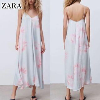 ザラ(ZARA)のZARA♡サテン タイダイロングワンピース ドレス ブルー Aライン フレア(ロングワンピース/マキシワンピース)