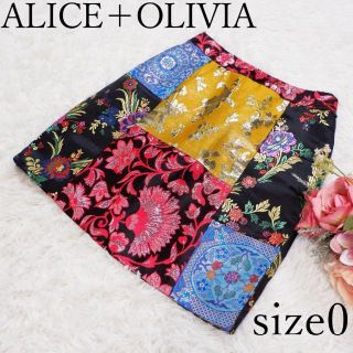 アリスアンドオリビア(Alice+Olivia)のアリス+オリビア ミニスカート 花柄刺繍 タイト ブラック 総柄 パッチワーク(ミニスカート)