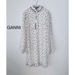 アダムエロぺ(Adam et Rope')の【新品】GANNI ガニー ドット ホワイト ワンピース 40(ひざ丈ワンピース)