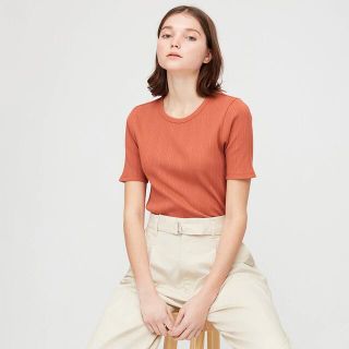 ユニクロ(UNIQLO)のユニクロ リブランダムクルーネックT オレンジ S(Tシャツ(半袖/袖なし))