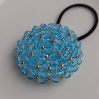 くるみボタン　ビーズ刺繍　アクアマリン　ヘアゴム　あじさい(ヘアアクセサリー)