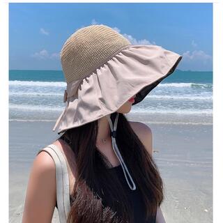 UVカット　ツバ広　帽子　紫外線防止　日焼け対策　ベージュ(麦わら帽子/ストローハット)
