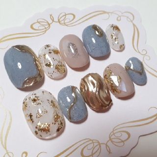 ネイルチップ ブルーサンド×ミラー×ニュアンス