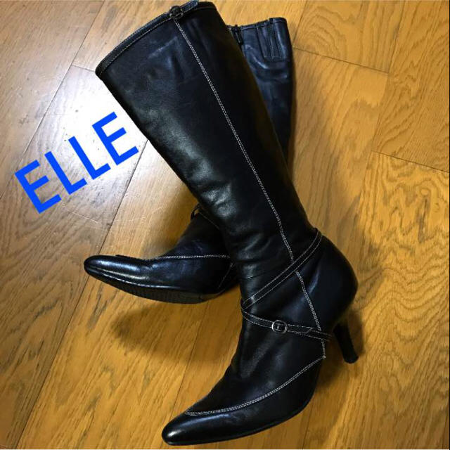 ELLE(エル)の再値下げ！ ELLE レザー ロングブーツ 23センチ 黒 レディースの靴/シューズ(ブーツ)の商品写真