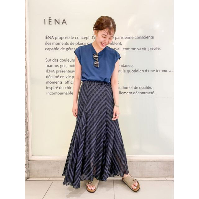 IENA(イエナ)のシアーチェックフレアマキシスカート　ネイビー　３６ レディースのスカート(ロングスカート)の商品写真