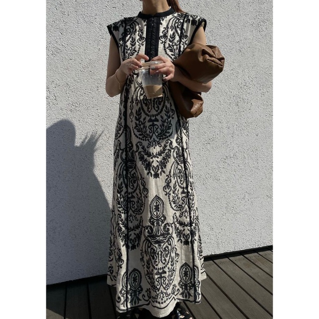 Ameri VINTAGE - Ameri◇DAMASK EMBROIDERY LINEN DRESS Mの通販 by