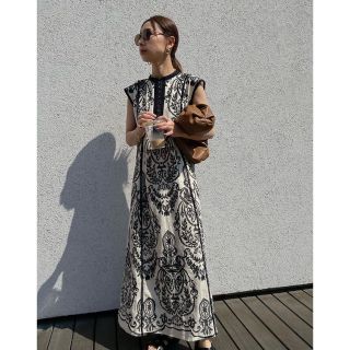 アメリヴィンテージ(Ameri VINTAGE)のAmeri◆DAMASK EMBROIDERY LINEN DRESS M(ロングワンピース/マキシワンピース)