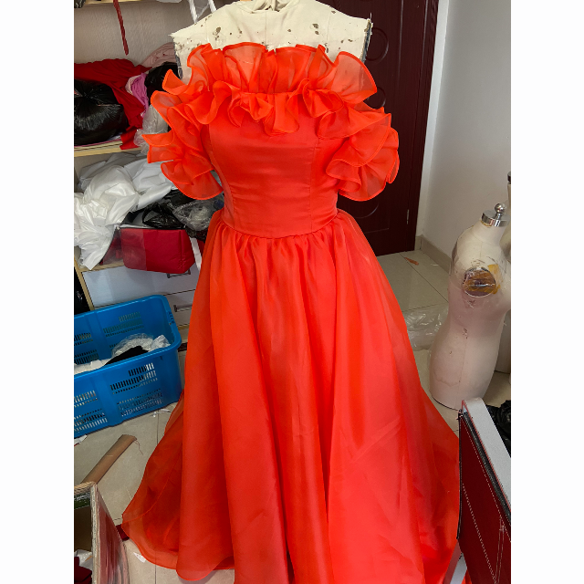 レディースカラードレス オレンジ 結婚式ドレス オフショルダー 2次会 人気