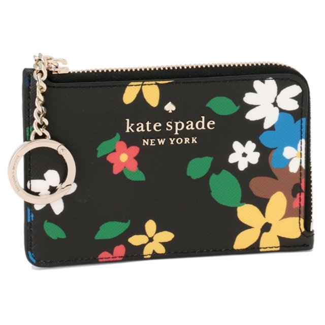 KATE SPADE SATURDAY(ケイトスペードサタデー)のケイトスペード 定期入れ パスケース コインケース ステイシー セーリング フローラル ミディアム L-ジップ カード ホルダー 美品 L字ファスナー 花柄 リング付 ブラック マルチカラー レディース KATE SPADE WLR00418 レディースのファッション小物(名刺入れ/定期入れ)の商品写真