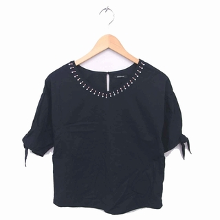 ローズバッド(ROSE BUD)のローズバッド カットソー Tシャツ Vネック ビーズ装飾 綿 半袖 F 黒(カットソー(半袖/袖なし))