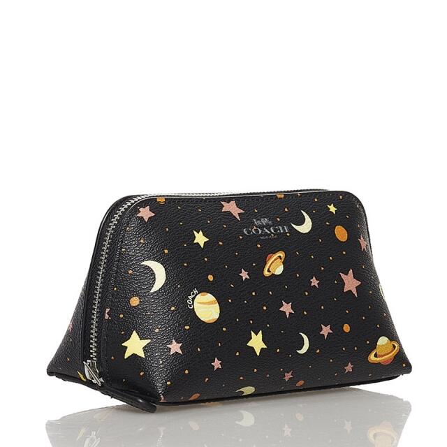 送料無料・名入れ彫刻 美品 コーチ 宇宙柄 ポーチ F29409 レザー