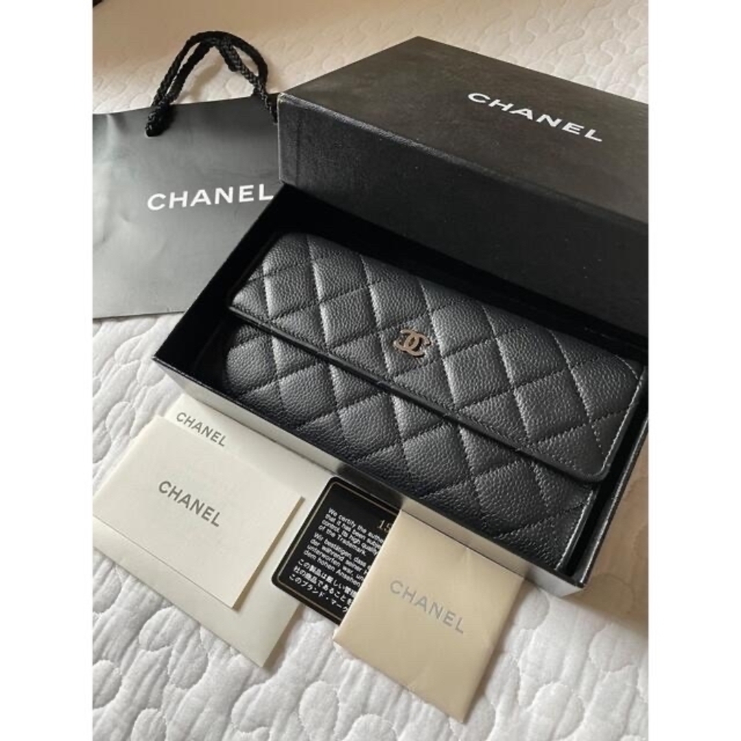 本物保証】 CHANEL 長財布 マトラッセ キャビアスキン レザー ブラック