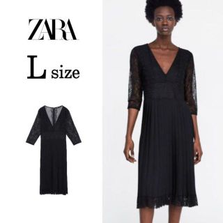 ザラ(ZARA)のZARA ザラ　レース刺繍プリーツワンピース　シースルー　Vネック　Lサイズ(ひざ丈ワンピース)