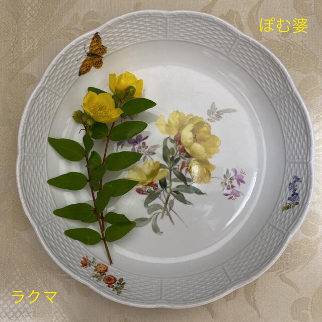 【古マイセン】自然主義 「印象派 ／ 花と蝶」プレート 深皿 鉢  “金糸梅”