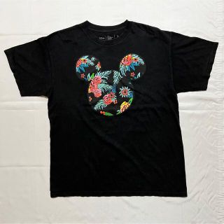 ディズニー(Disney)のDisney ディズニー 半袖Tシャツ ブラック ミッキー 花柄 古着 Lサイズ(Tシャツ/カットソー(半袖/袖なし))