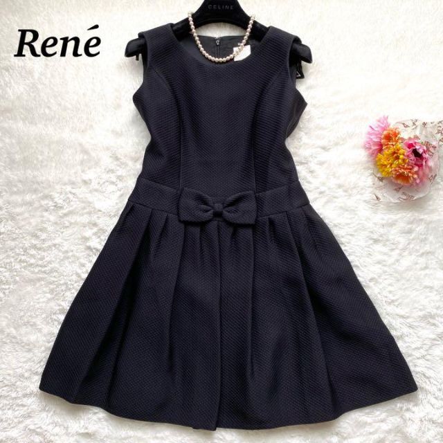 美品】Rene ワンピース バッグファスナー フロントリボン ネイビー 32