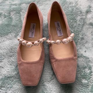 JIMMY CHOO ジミーチュウ パンプス 靴 シューズ フラット ピンクベージュ スクエアトゥ スエード パール付き ストラップ ADE FLAT おしゃれ シンプル 普段使い サイズ：23cm 36 【レディース】【K3605】