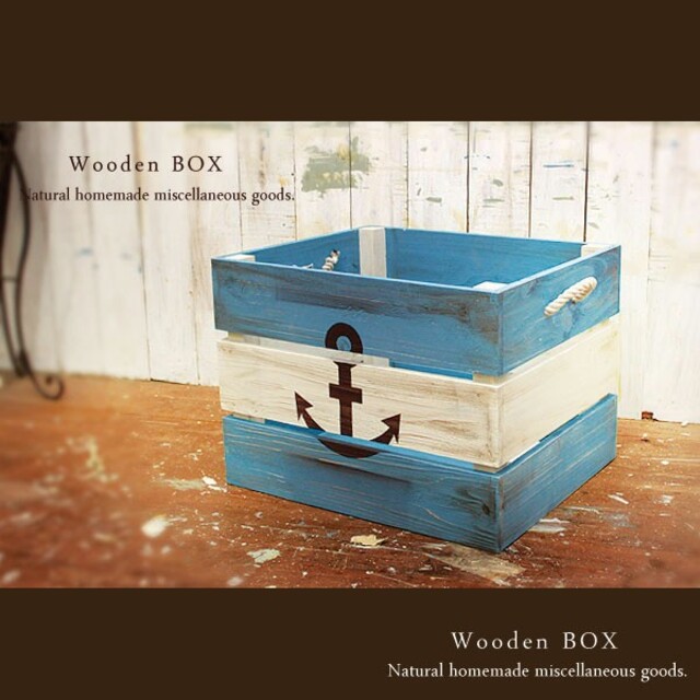 ハンドメイド  アンティーク加工 ボックス 紐取っ手付き 木製箱 イカリマーク ハンドメイドのインテリア/家具(その他)の商品写真