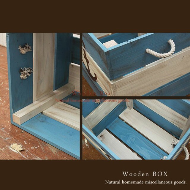 ハンドメイド  アンティーク加工 ボックス 紐取っ手付き 木製箱 イカリマーク ハンドメイドのインテリア/家具(その他)の商品写真