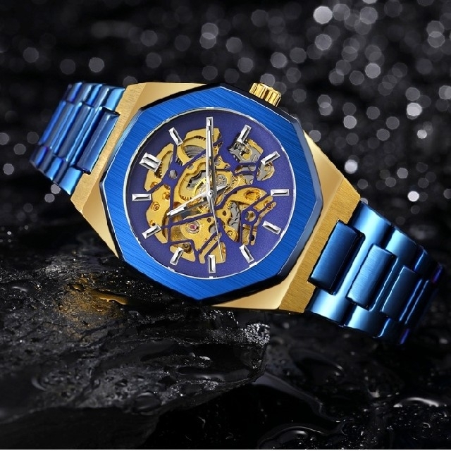 新品送料無料 3Dフルスケルトン 自動巻き機械式 メンズ腕時計 ブルーゴールド