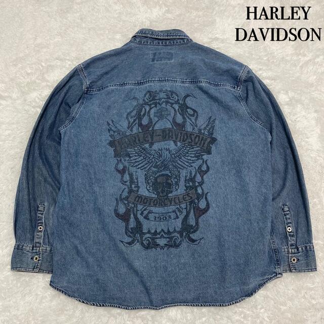 Harley Davidson(ハーレーダビッドソン)の【ハーレーダビッドソン】 デニムシャツ スカル イーグルバックプリント XL メンズのトップス(シャツ)の商品写真