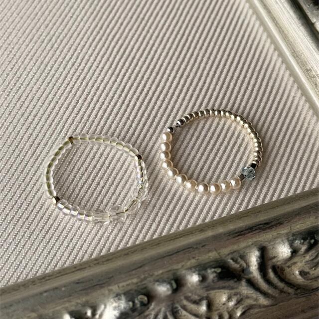 e.m.(イーエム)のビーズリング 指輪 透明 クリア ガラス パール 真珠 シルバー   ハンドメイドのアクセサリー(リング)の商品写真