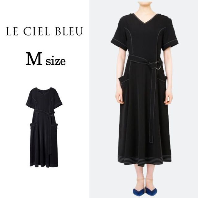 【※美品】LE CIEL BLEU ステッチワークフレアワンピース　半袖　黒　M