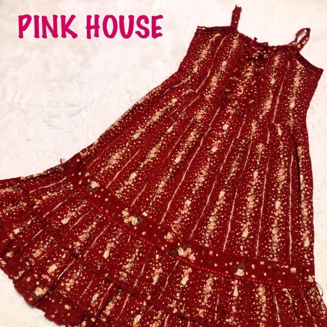 PINK HOUSE - 【ピンクハウス＊ロングワンピース】レッド　赤　花柄　薔薇　バラ　可愛い　段々　夏