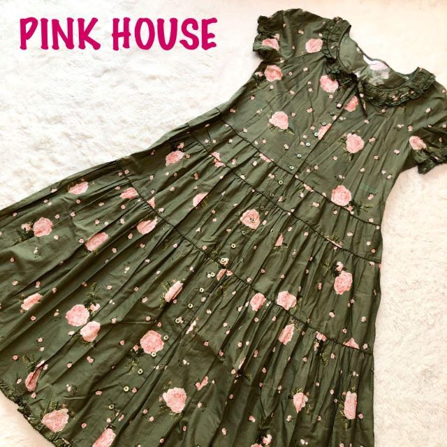 【ピンクハウス＊ロングワンピース】グリーン 緑 薔薇 ピンク 花柄 可愛い 上品