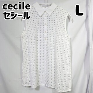 セシール(cecile)のセシール cecile シアーブラウス ノースリーブ L ホワイト 白(Tシャツ(半袖/袖なし))
