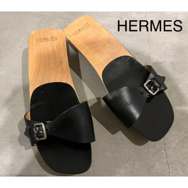 HERMES エルメス レザーベルトデザイン ウッドサンダル 36