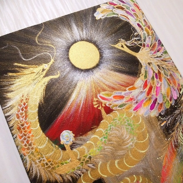 風水開運絵画＊永和来福図 虹色昇龍と鳳凰～赤富士金滝虹～金運全体運健康 結婚出世 通販