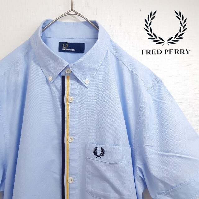 FRED PERRY 半袖 ボタンダウン シャツ ワンポイント ロゴ ブルー S