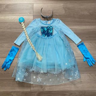 ディズニー(Disney)のエルサ コスプレ 子供用 プリンセス ドレス 長袖 100cm 水色 美品(ドレス/フォーマル)