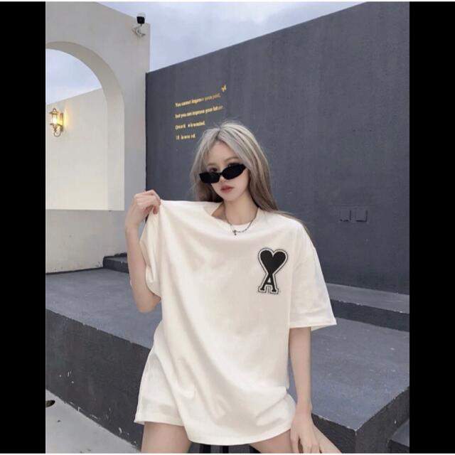 大人気⭐️ハートエース　Tシャツ　ビッグシルエット　トップス　白⭐️黒ロゴ レディースのトップス(Tシャツ(半袖/袖なし))の商品写真