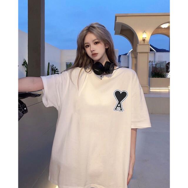 大人気⭐️ハートエース　Tシャツ　ビッグシルエット　トップス　白⭐️黒ロゴ レディースのトップス(Tシャツ(半袖/袖なし))の商品写真