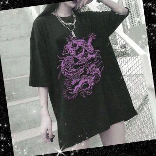 ⚡ドラゴンTシャツ《紫龍》⭐1枚でキマる１大きめオリエンタル チャイナ(Tシャツ(半袖/袖なし))