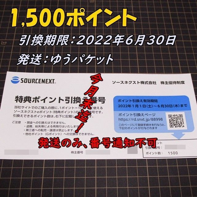 ソースネクスト 株主優待 1500ポイント 特典ポイント引換券1枚 チケットの優待券/割引券(ショッピング)の商品写真