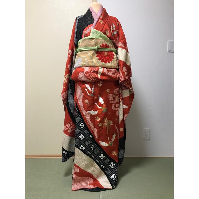 完成品 111u6☆部分絞り 振袖用長襦袢 /裄61.5袖丈103.6/ 半衿付
