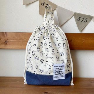 ゴーカート様専用　生成りパンダデニム　巾着うわばきいれ　ハンドメイド(シューズバッグ)